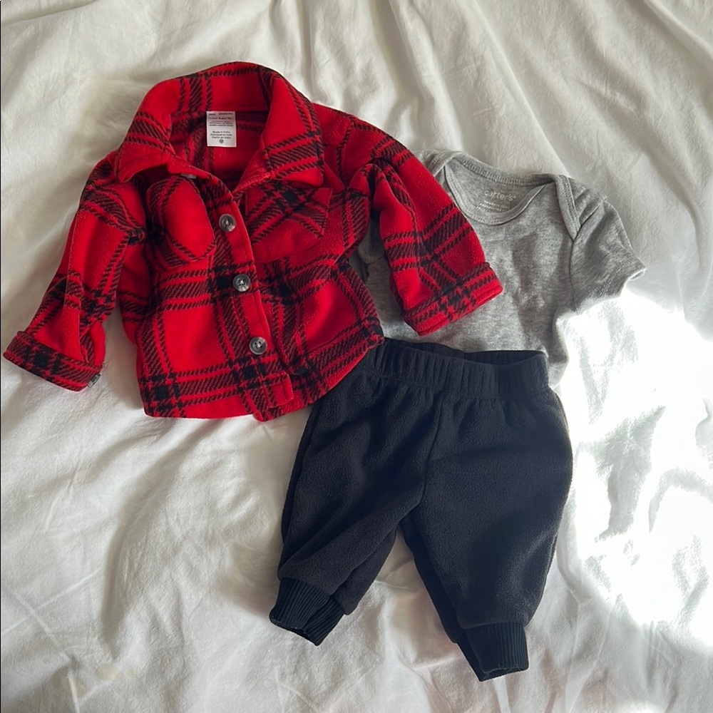 Red Plaid Jacket with Gray Onesie and Black Pants Set
